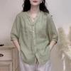 2025 Арт Ретро Летняя Тонкая Хлопково-Пеньковая Рубашка Женская Свободная Рубашка-Куртка с V-образным вырезом Повседневная Маленькая Рубашка