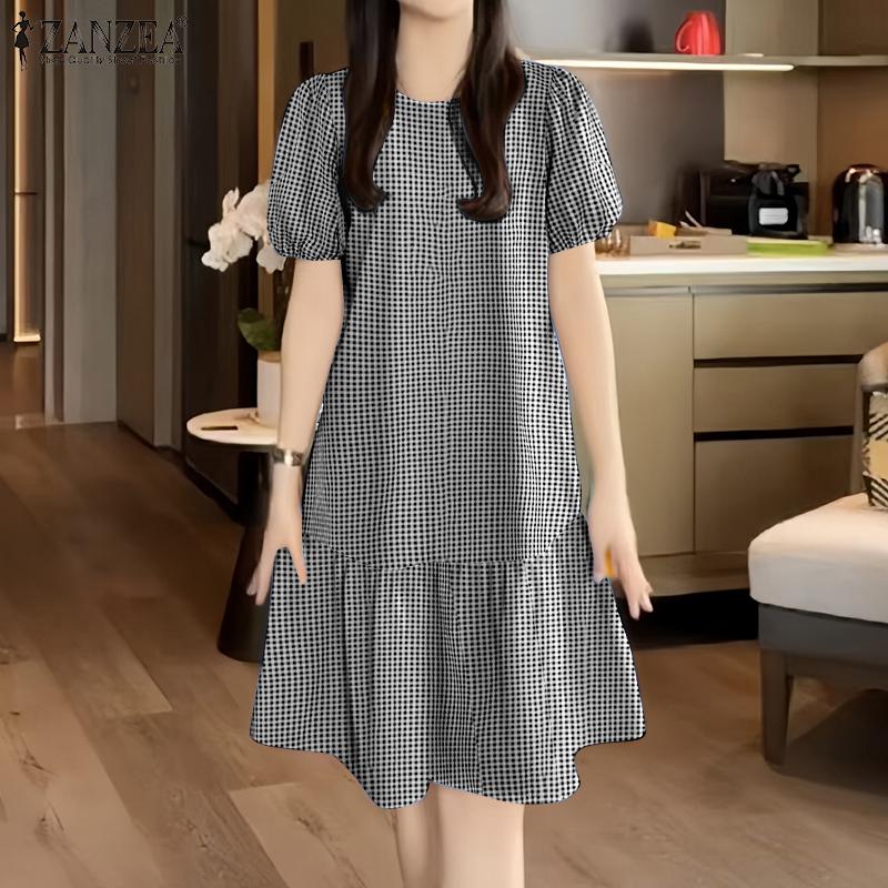 ZANZEA Женское повседневное платье с круглым вырезом, принтом в клетку, летнее, с коротким рукавом