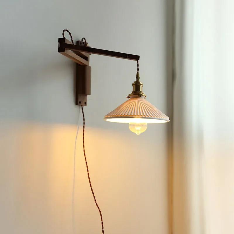 Vintage Foldable Solid Wood Walnut Wood Wall Lamp Wabi-sabi Japanese Brass Ceramic Homestay Bedroom Bedside Wall Lamp