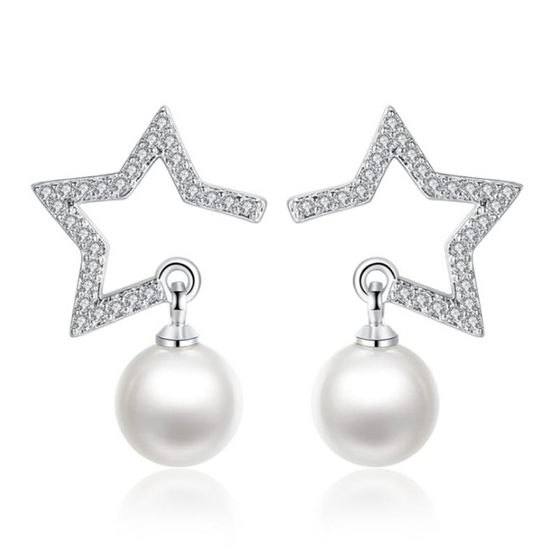 Серьги-подвески из стерлингового серебра 925 пробы с блестками и цирконием в форме звезды, серьги с жемчугом для женщин, ювелирные изделия S-E225