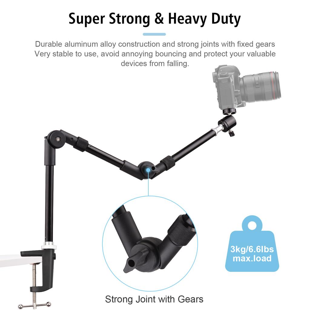 Flexible Foldable Desk Mount Stand Metal Bracket with 1/4 Inch Screw Ballhead Adapter 3kg Load Capacity for Fill Li