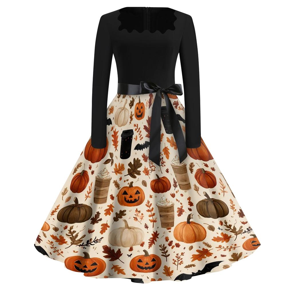 Women's Casual Fashion Halloween Print Square Neck Vintage Style Long Sleeve Dress with Waist Tie Belt Retro A-Line Midi Dress for Fall