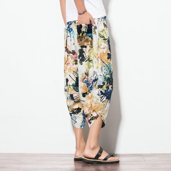 Штаны-алладины с завышенной талией, эластичный пояс на шнурке, карманы, укороченные, этнический стиль, ретро-принт