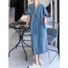 Hong Kong Style Retro Fashion V Neck Summer Fashion Single-Breasted Accessible Luxury Loose Casual Short Sleeve Mid Length Long Length Denim Dress