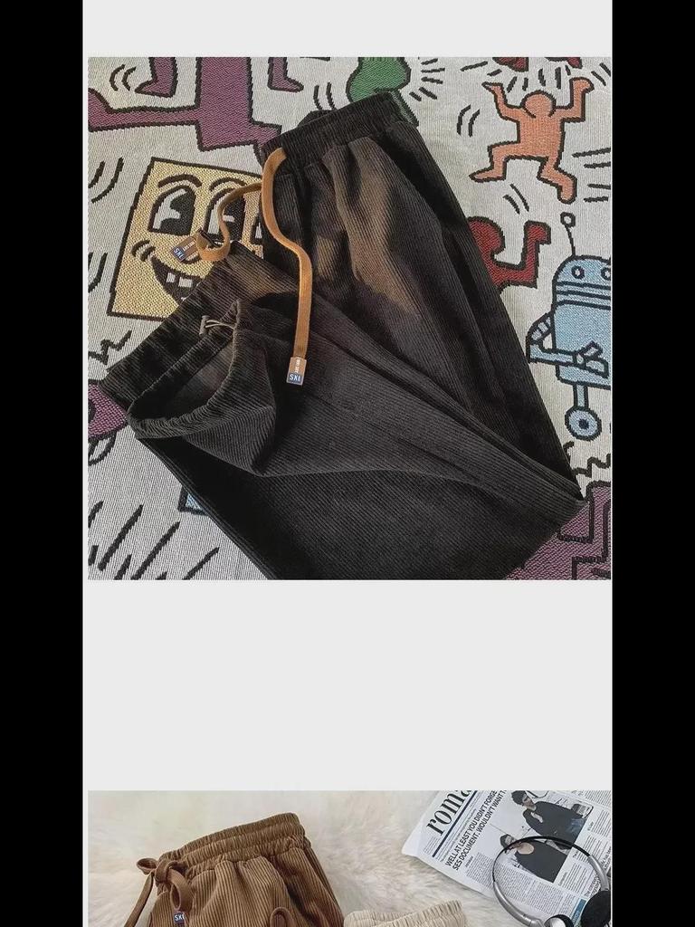 Men's Japanese Retro Corduroy Drawstring Pants - Loose, Wide-Leg, Straight Fit for Spring and Autumn