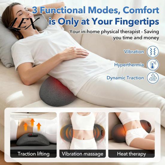 Air Cushion Lumbar Stretcher 3-in-1 Support Pillow, Triple Fusion Lower Back Massager with Heat, Vibration, Electric for Seniors Lift, Ergonomic Waist