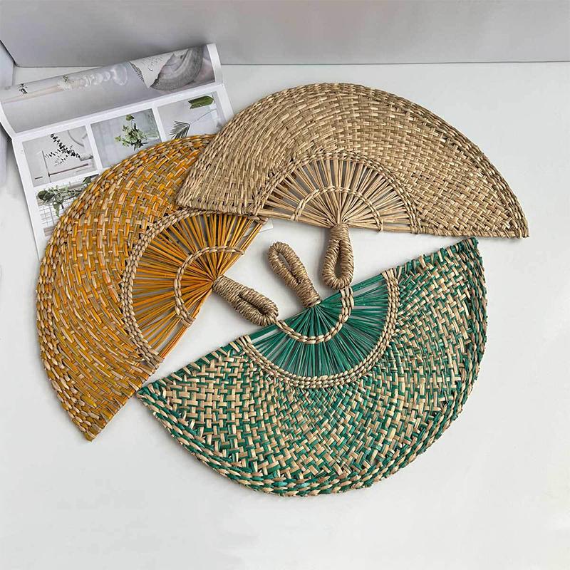 Hand-Woven Straw Fan Decorative Handmade Semicircular Woven Fan Summer Cooling Fan Handheld Fan Gift Home Decor