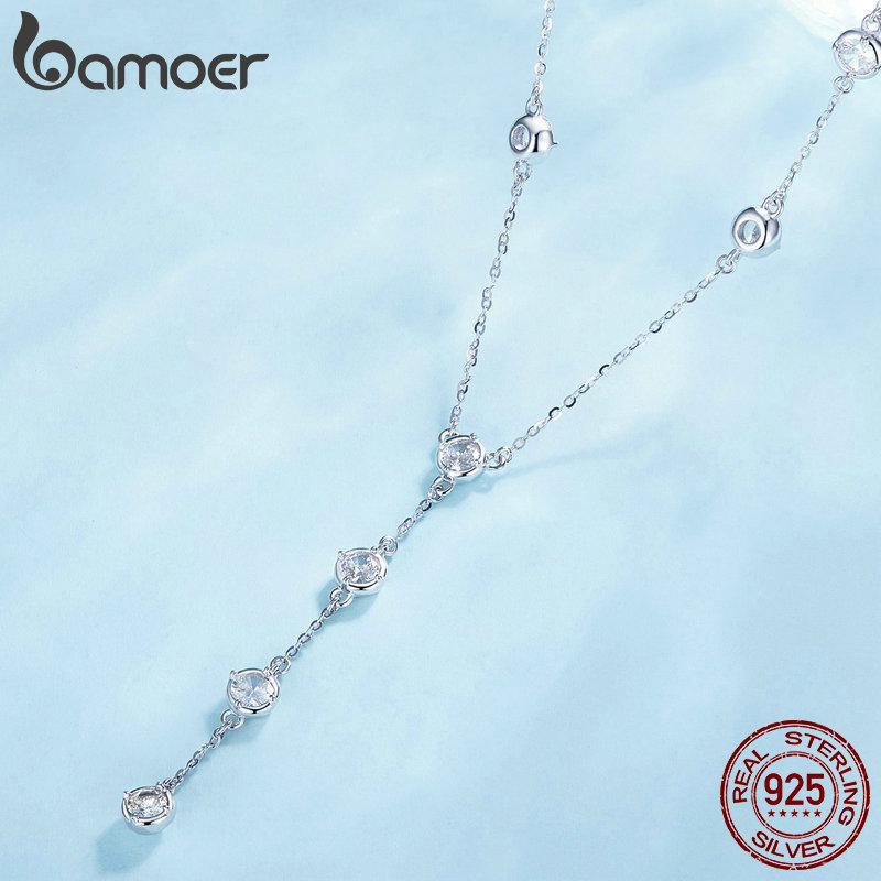 BAMOER, стерлинговое серебро 925 пробы, штабелируемое ожерелье на ключицу, сверкающая циркониевая цепочка на шею для женщин, ювелирные изделия с платиновым покрытием
