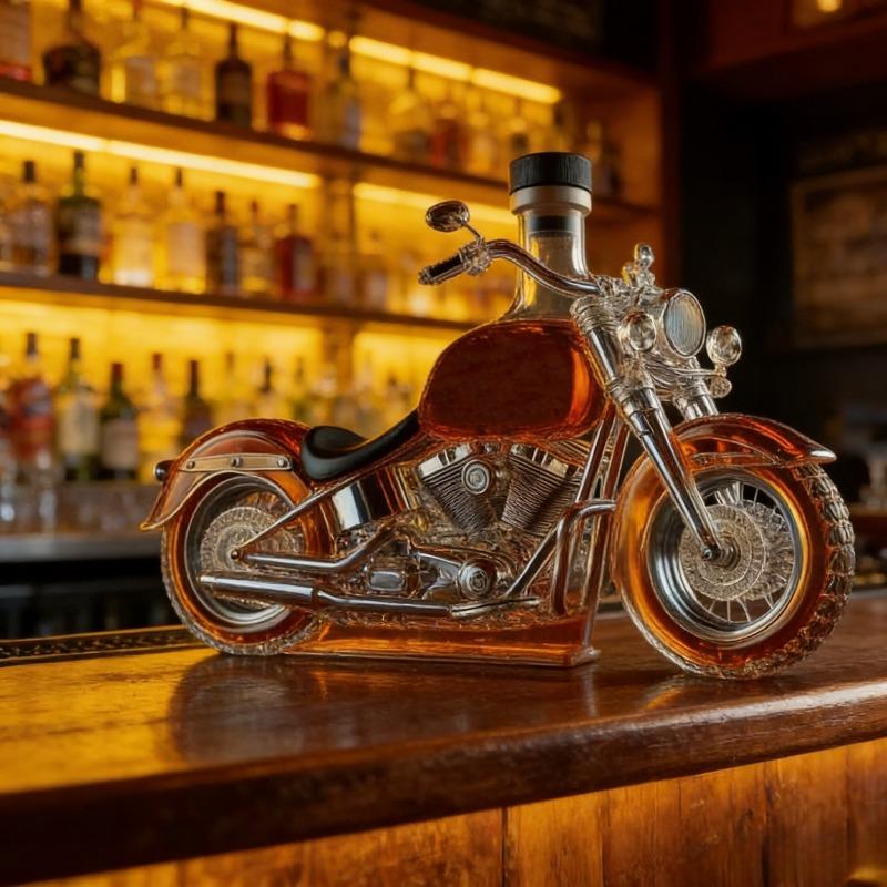 Collectible Chopper Style Whiskey Decanter, Handcrafted Glass Liquor Bottle for Man Cave & Motorcycle Enthusiasts