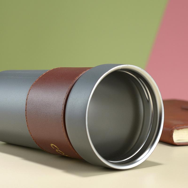 Двойная кофейная кружка из нержавеющей стали, 450 мл, кружка-термос с кожаным чехлом, герметичная автомобильная термос, дорожная изолированная бутылка