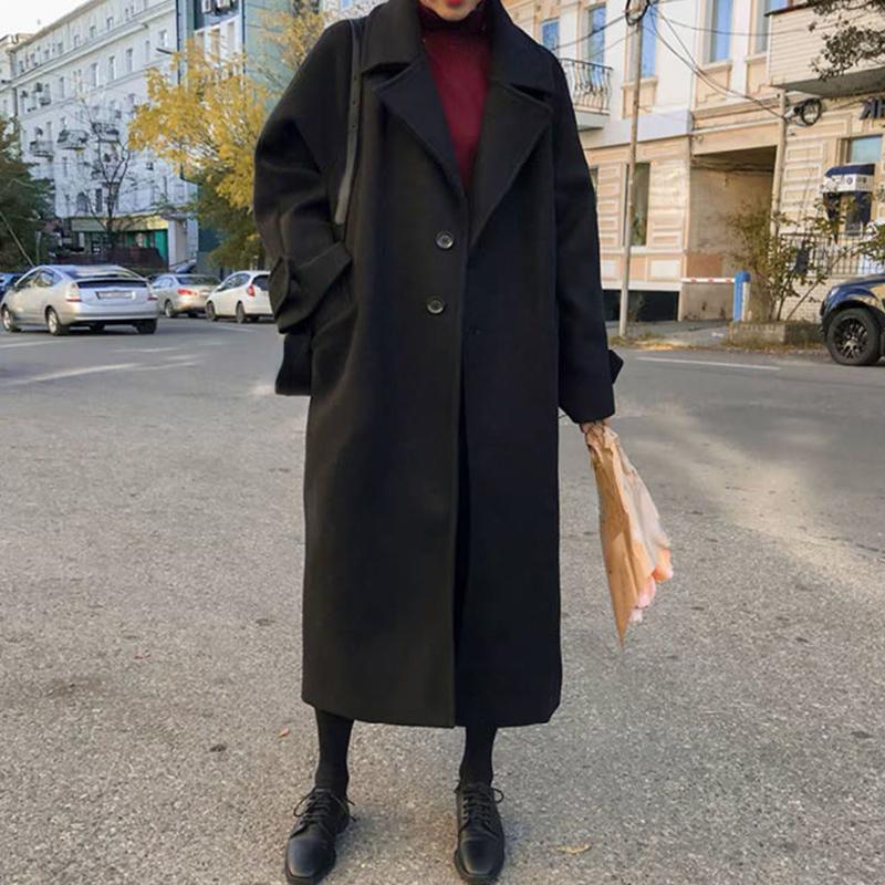 Осеннее женское элегантное шерстяное пальто, корейская мода, черная универсальная длинная куртка, женская зимняя утепленная теплая свободная одежда, новое пальто