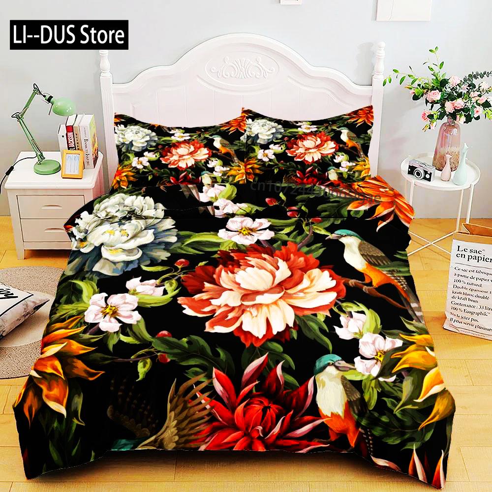 Набор постельного белья из стиранного хлопка с 3D-печатью, рисунок птицы и цветы, маленький односпальный, полуторный, двуспальный, королевский, суперкоролевский размер