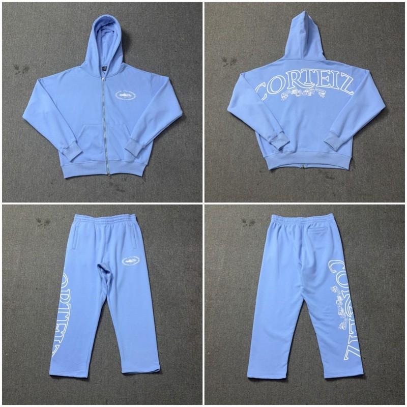 Corteiz Alcatraz Retro Print Hooded Sweatshirt Pants Set Men Loose Fit Streetwear
