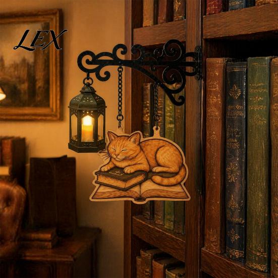 Bookworm Office Accessory Vintage Bookshelf Light with Cat Sleeping on Book Design, Retro Lantern Small Indoor Accent Lamp for Reading, Decorative LED