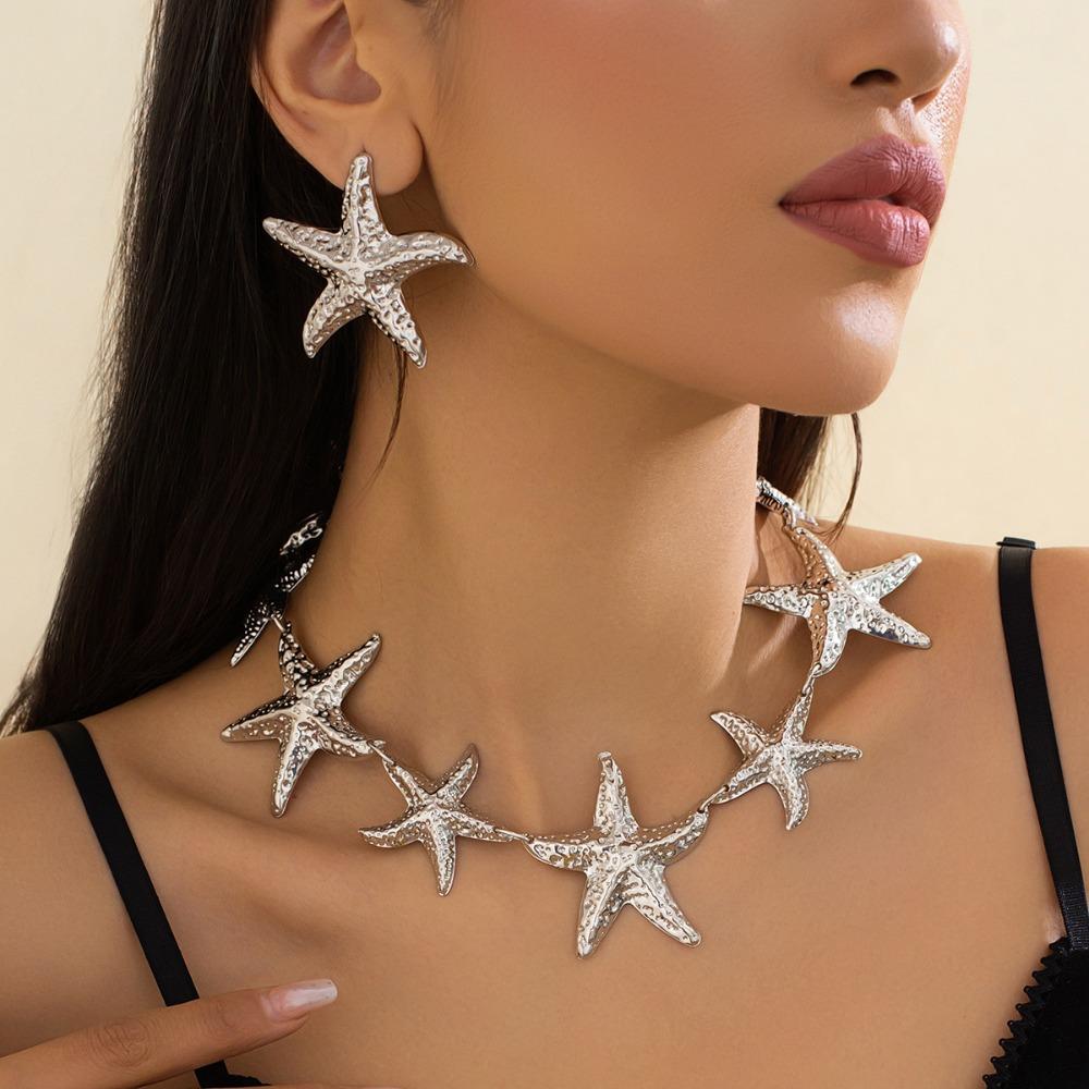 Punk Big Starfish Star Pendant Metal Stud Earrings Fashion Choker Necklace  for Women Gift