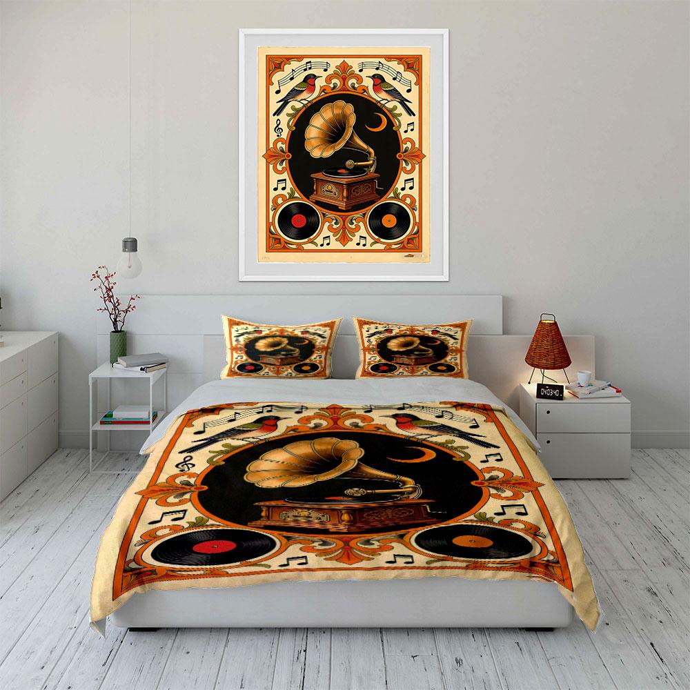 Gramophone, birds, records, notes. Bedding sets Duvet cover sets Duvet covers Pillowcases(1 * Duvet Cover 2 * Pillowcases without duvet insert)
