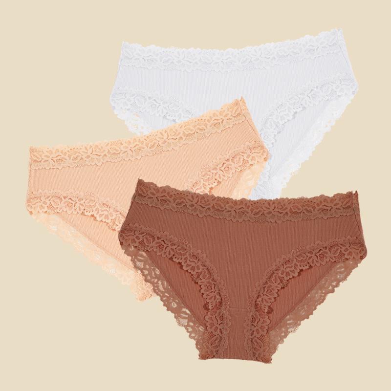 3Pcs Cotton Ribbed Striped Underwear for Women Sexy Lace Floral Panties Comfortable Low-Waist Briefs Female Solid Soft Lingerie