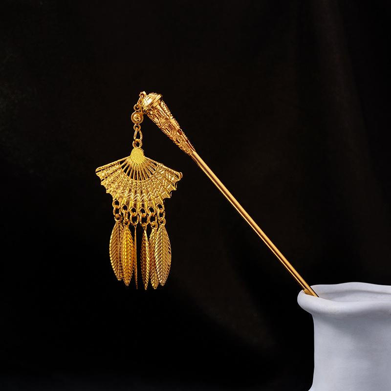 Hollow Geometric Tassel Hairpin for Women - Ethnic Style with Water Drop Leaf Round Design, Hanfu Accessory