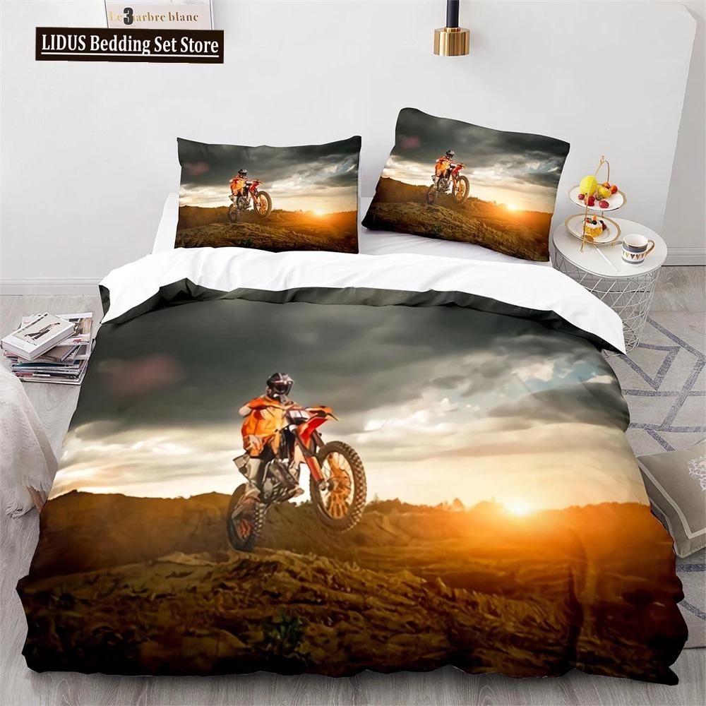 Dirt Bike Duvet Cover Set Motocross Rider Comforter Cover Motorcycle Extreme Sport Game Polyester Bedding Set For Kid Boys Teens