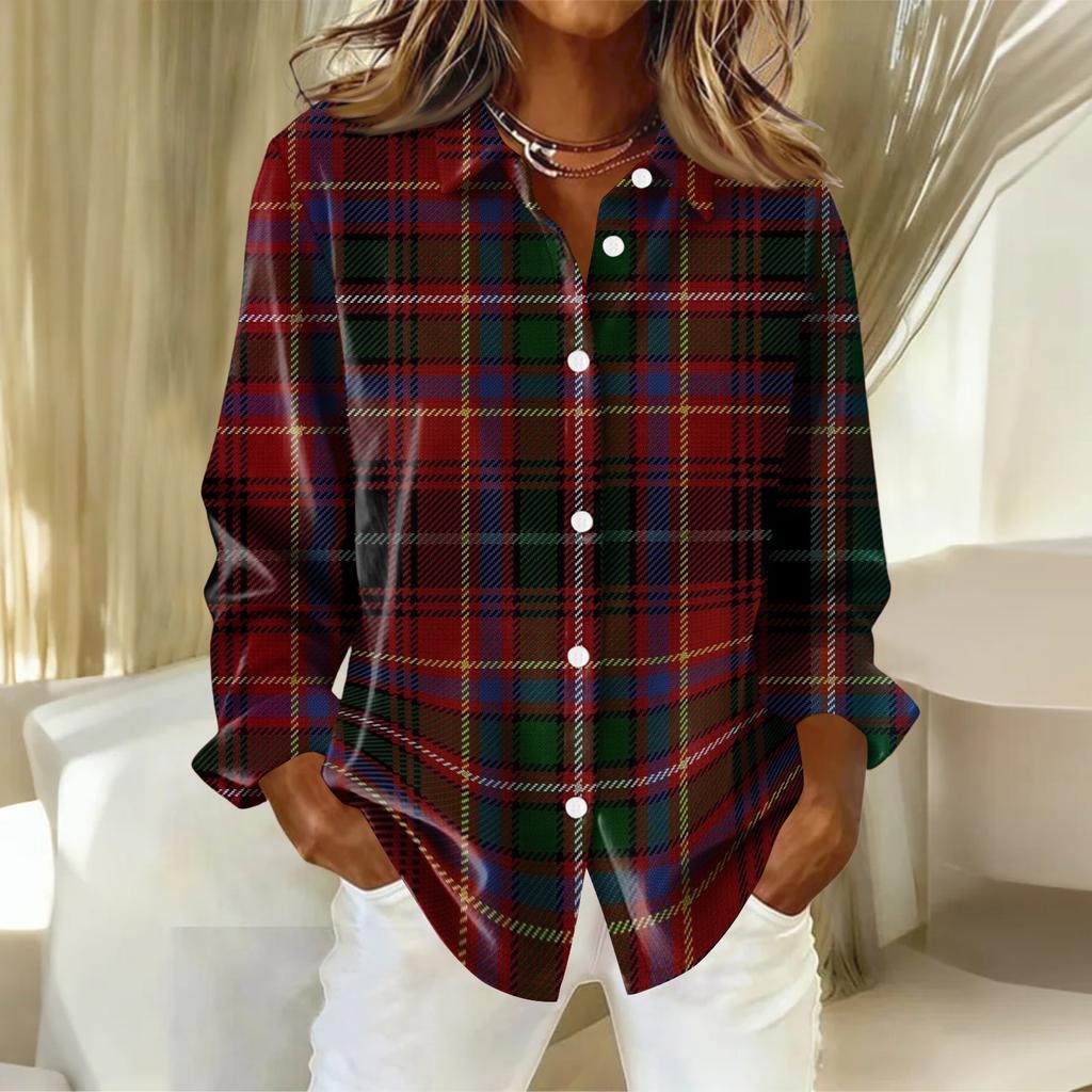 Женская рубашка-блузка с рождественским принтом и пуговицами, длинный рукав, повседневный базовый рубашечный воротник, обычный топ