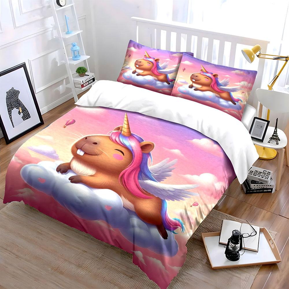 Winged Unicorn Capybara Art Bedding Duvet Cover Set  (1*Duvet Cover 2*Pillowcases, without duvet insert)