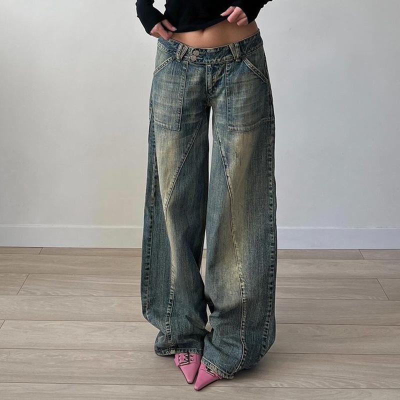 Ретро Вареные Свободные Джинсы с Низкой Посадкой