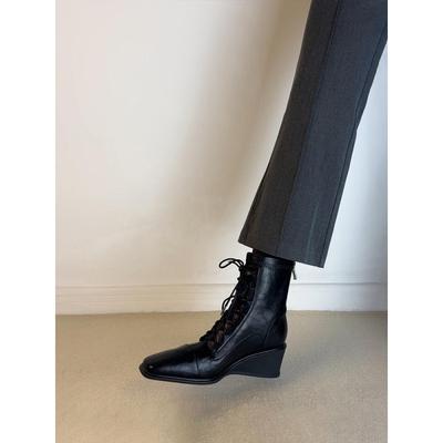 Версия из коровьей кожи~ Тонкие ботильоны на танкетке, в британском стиле, ботинки Мартина, женские, с толстой подошвой, ретро, на шнуровке, эластичные короткие ботинки