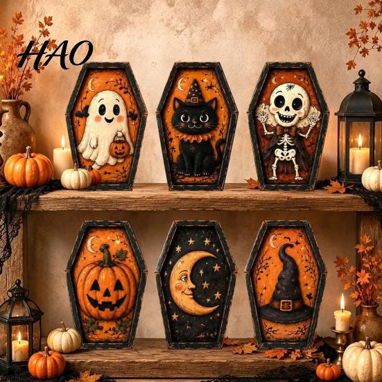 Black Cat Home Accents Vintage Halloween Wooden Table Decoration, Rustic Ghost Skeleton Pumpkin Retro Holiday Tabletop Signs Desktop Block Sign