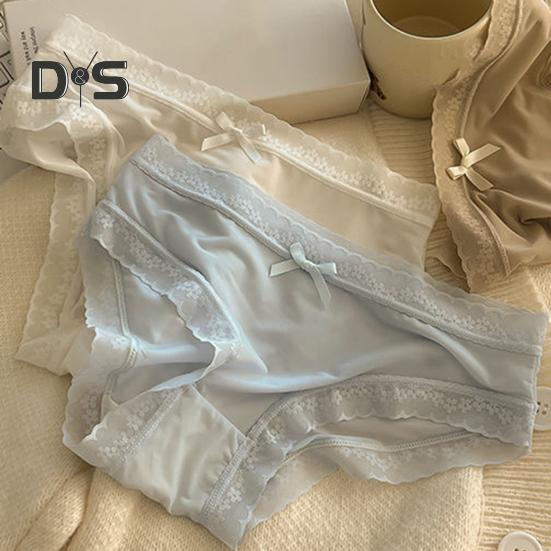 Women Panties Seamless Lace Bow Decor Soft Solid Color Elastic Thin High Waist Quick Drying Breathable Anti Septic Lady Underpants Briefs