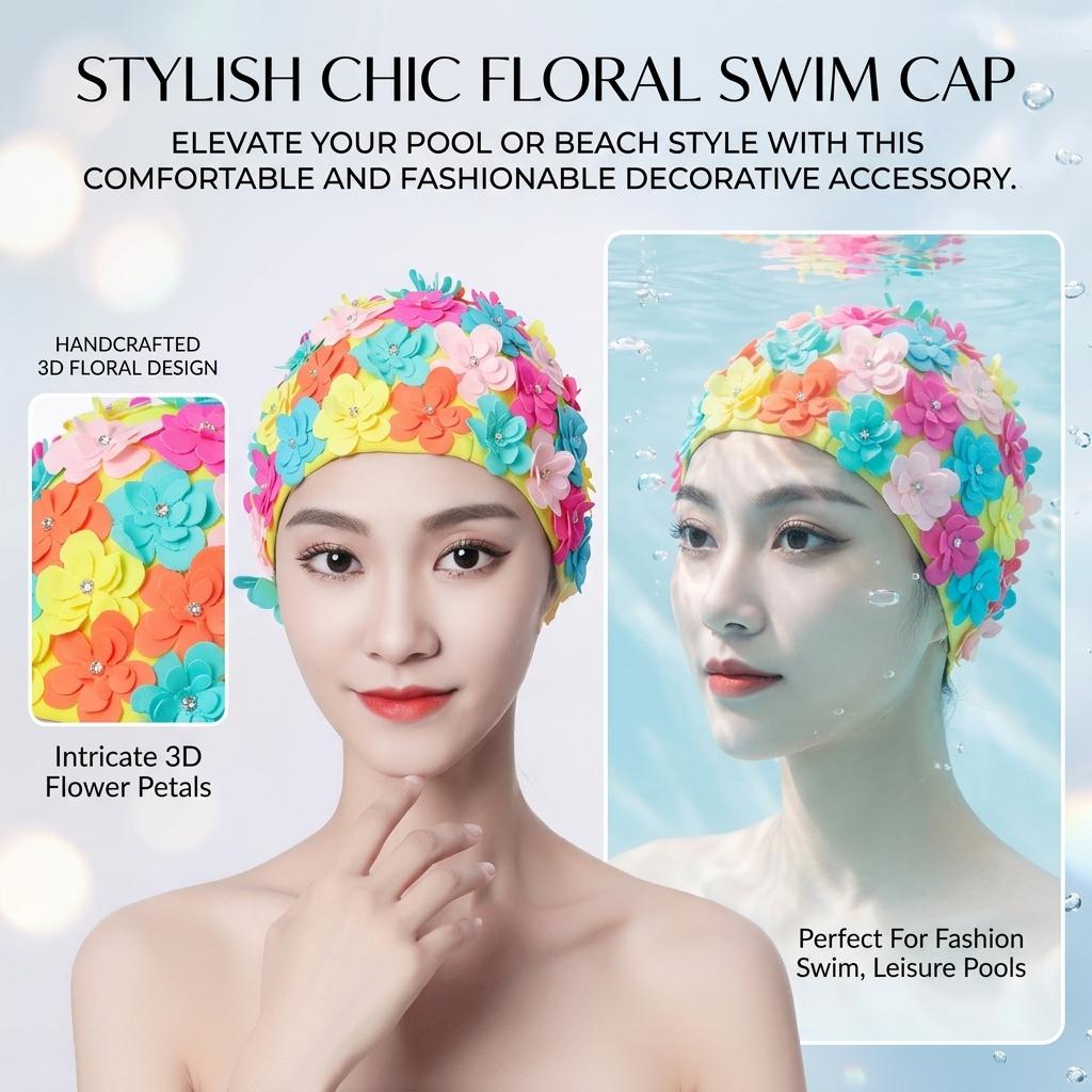 Women Diamond-Pattern Swim Cap Hand-made 3D Sewing for Hot Spring Swimming