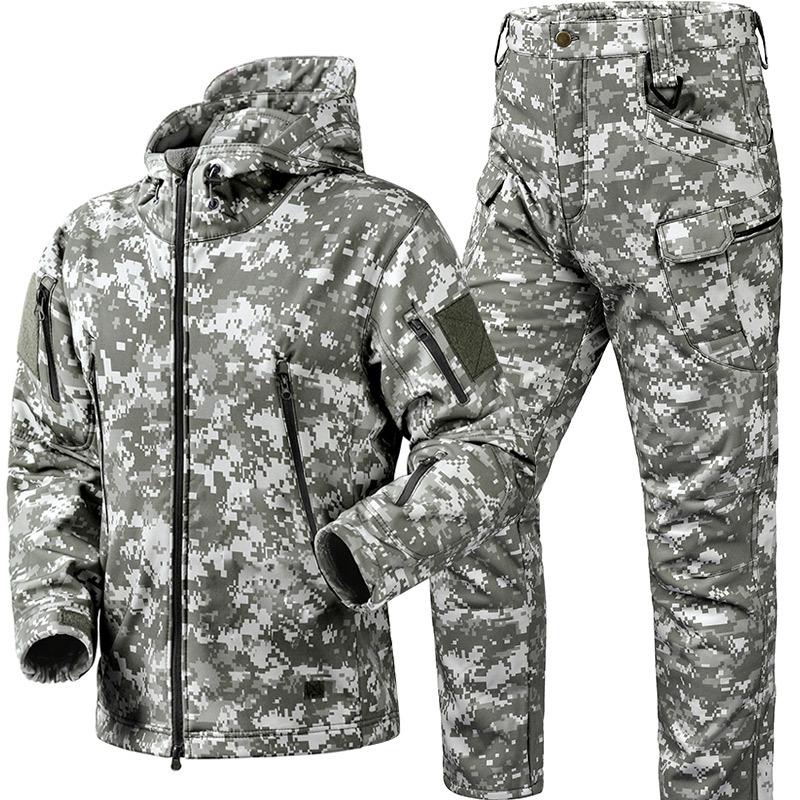 Winter Outdoor Men's Training Suit Tactical Camouflage Assault Plush Waterproof Adventure Skiing Jacket Travel Clothing Workwear