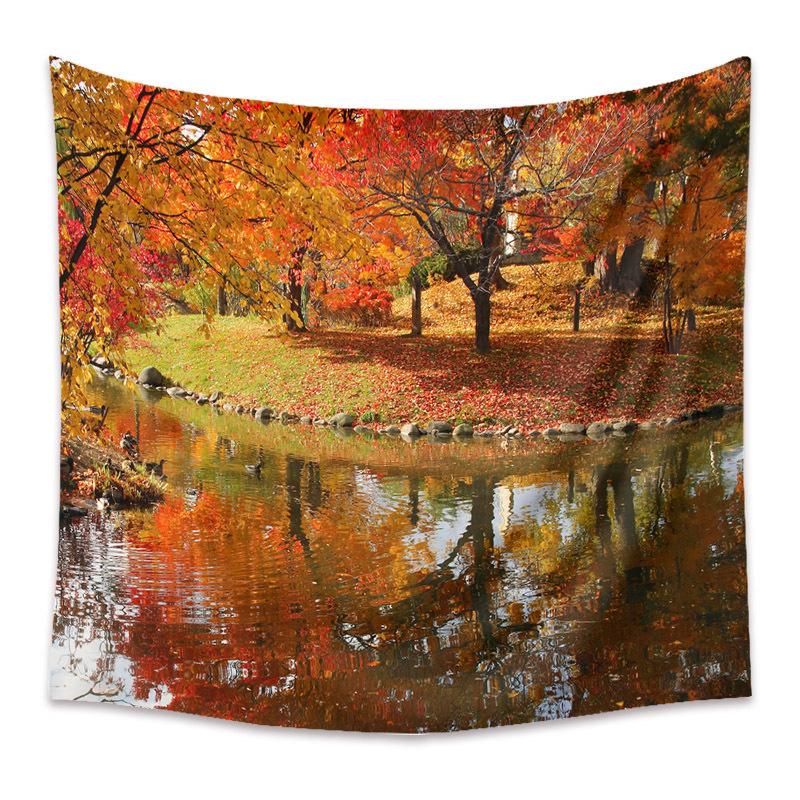 Autumn Yellow Forest Stream Landscape Print Pattern Tapestry Home Living Room Bedroom Wall Decor Background Cloth