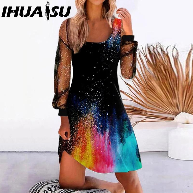 IHUASU Женская мода весна осень однотонный принт длинный рукав U-образный вырез высокая талия повседневные платья