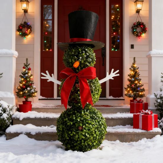Yousheng Christmas Snowman Topiary Artificial Snowman Shaped Topiary Tree with Bow And Hat Outdoor Boxwood Topiary with Stake for Home Porch Decor