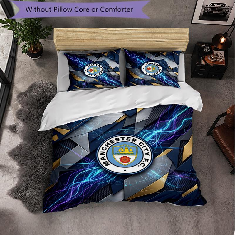 Manchester City Pattern 3 Pieces Bedding Set Soft Microfiber Duvet Cover with Pillow Cases for Bedroom