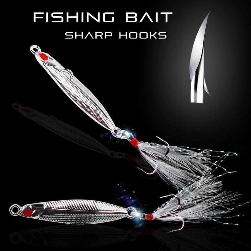 Серебристая металлическая приманка (маленькая рыбка, мормышка) с тройным крючком и пером