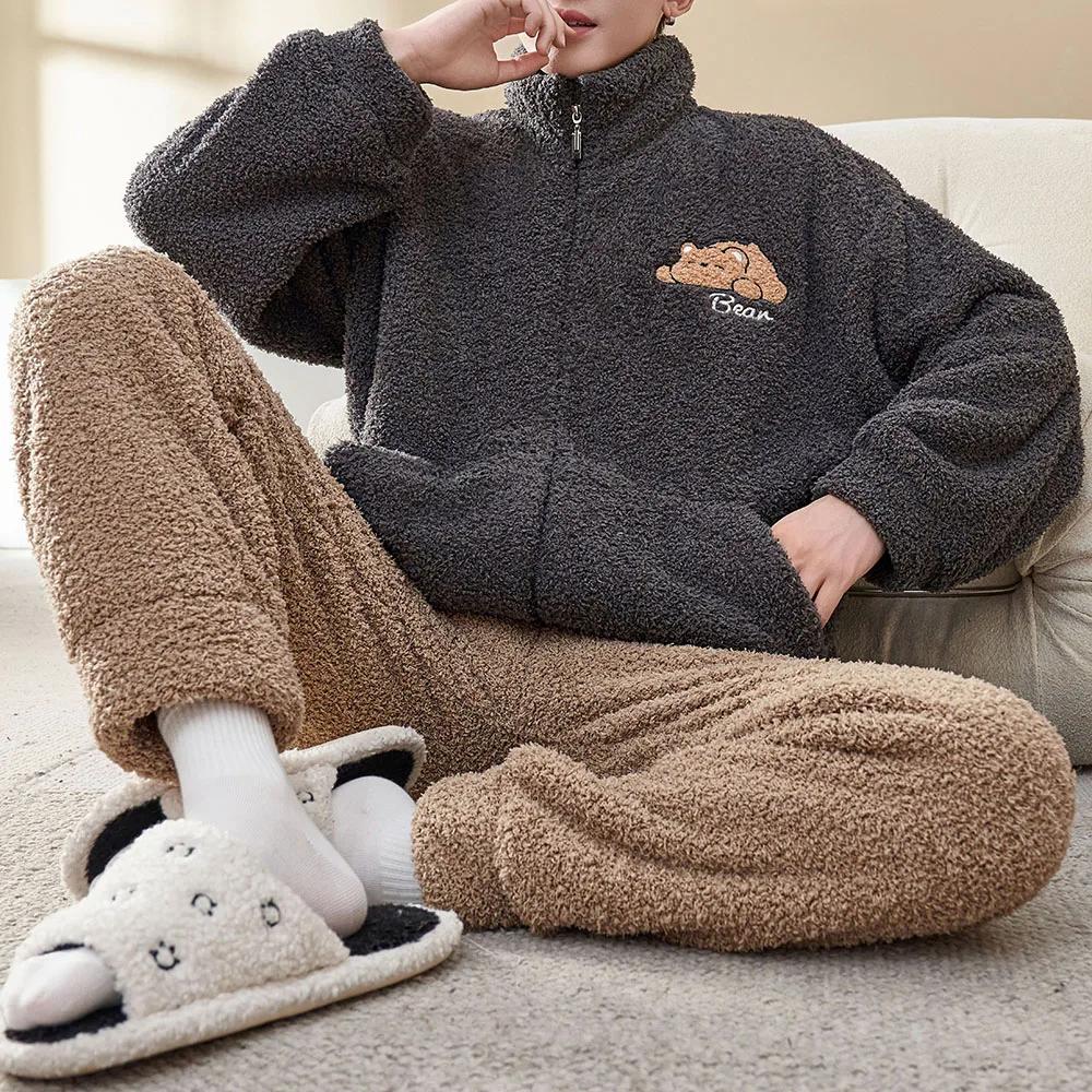 Мужская зимняя теплая пижама, пижамный комплект, мужская фланелевая пижама, домашняя одежда, бархат, коралловый бархат