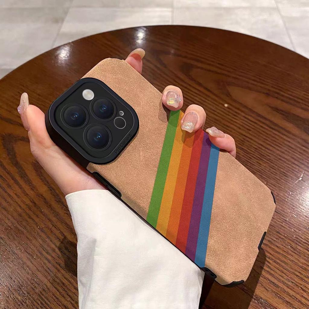 Fashion Rainbow Lines Silicone Leather Case For iPhone 14 15 16 Pro Max Plus 11 12 13 Mini X XS XR 7 8 SE Matte Shockproof Cover