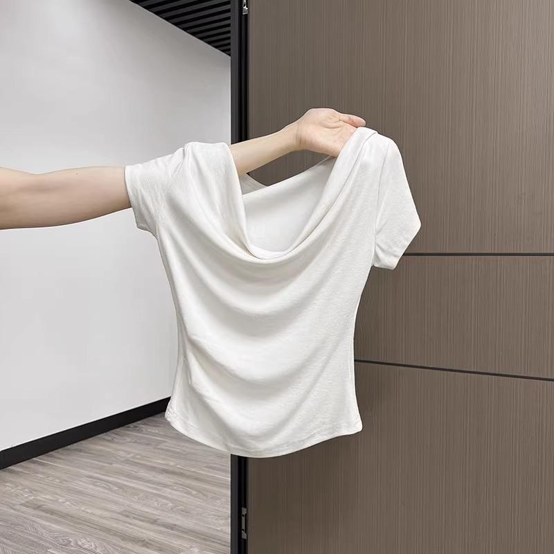 Корейская горячая штучка с открытой ключицей, короткий рукав, летняя новинка, женская футболка, облегающий дизайн, стиль чистой страсти, красивый топ