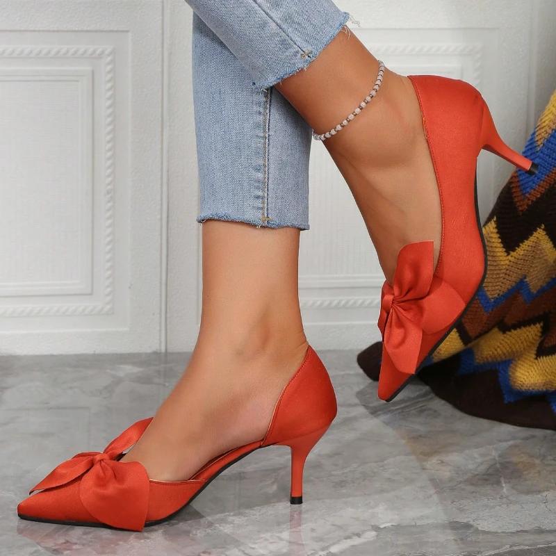 2024 Лидер продаж Темперамент Банкетная вечеринка Лето Высокое качество остроконечный бант женские атласные шелковые туфли-шпильки для вечеринок Zapatos