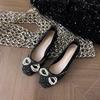 Square Head Single Shoes Women's Shallow Mouth New Spring and Autumn Shoes Temperament Rhinestone Bow Thick Heel Temperament Ladyshoes