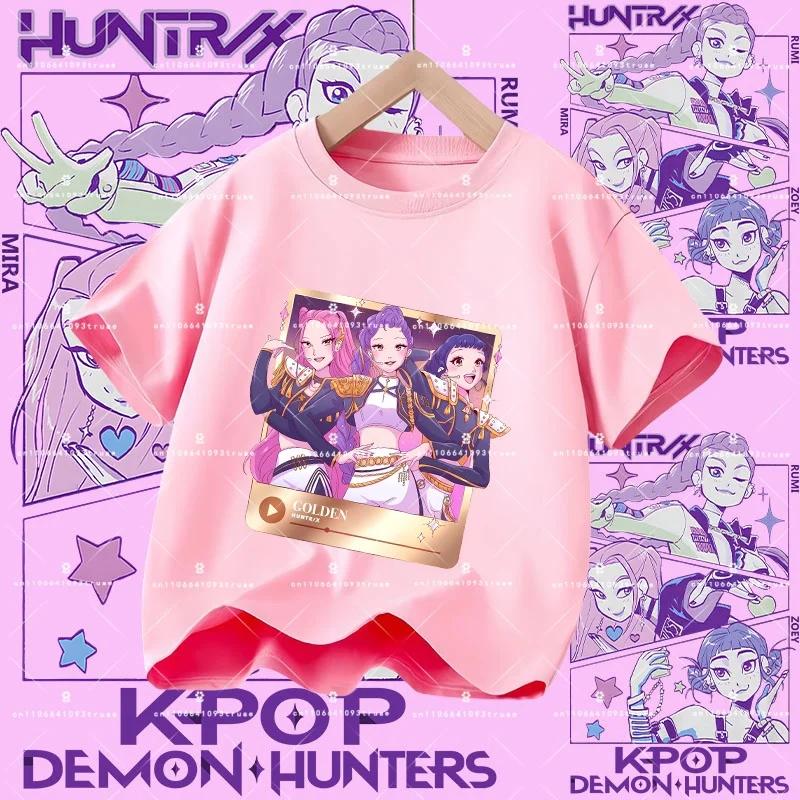 Детская хлопковая футболка Kpop Demon Hunters 100% для девочек - Повседневная футболка с мультяшным принтом - Летняя спортивная футболка с коротким рукавом