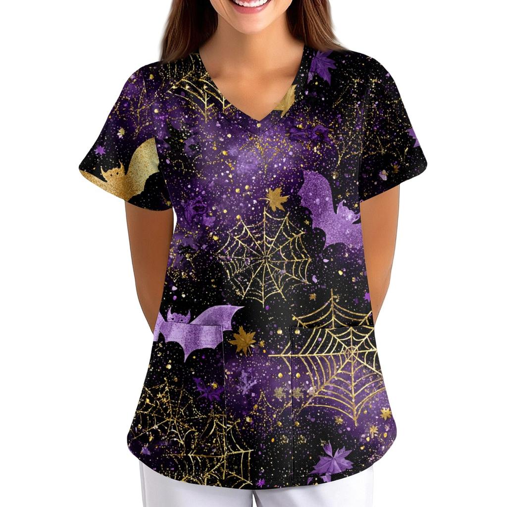 Женская Хэллоуинская Принтованная Свободная V-образная Горловина Карман Короткий Рукав Форма Форма