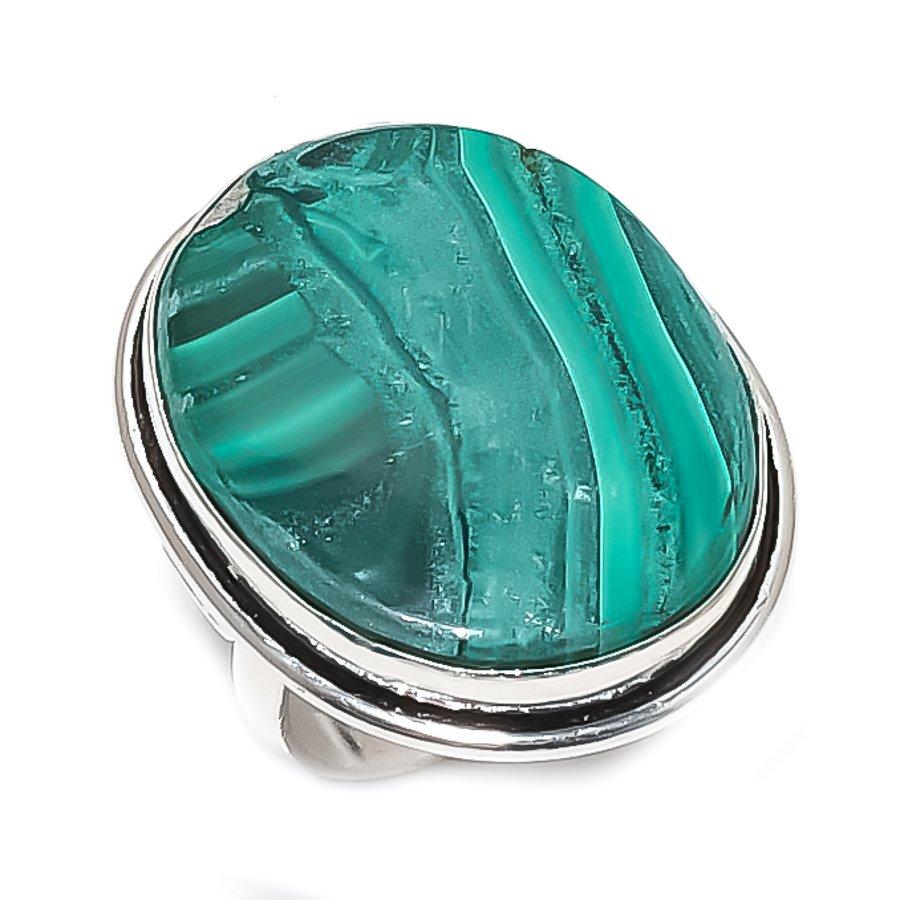 Натуральный малахитовый драгоценный камень Ручная работа Ювелирное изделие из стерлингового серебра 925 пробы Кольцо Размер 7 H7q26