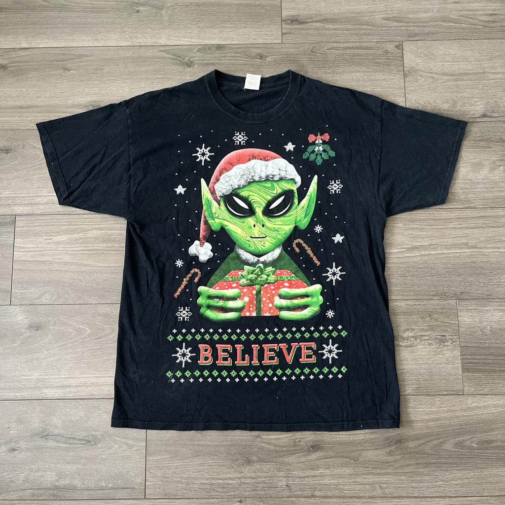 Alien Santa Believe Mens XL T Shirt Black Short Sleeve Unisex T-Shirt