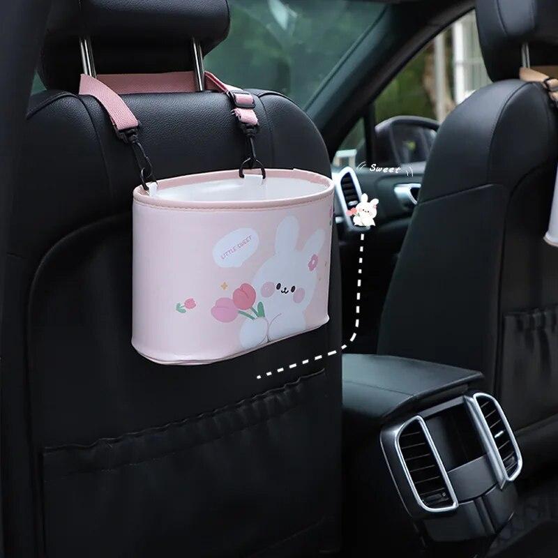 Cartoon Bear Car Seat Back Storage Bucket Leather Printing Hanging Waterproof Large Capacity Multi-function Trash Can