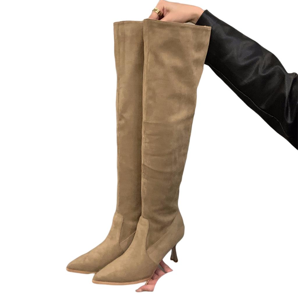High-heeled Khaki Knee-piled Boots Women's Shoes 2025 New Autumn and Winter Pointed Thin Long Tube Knight Boots