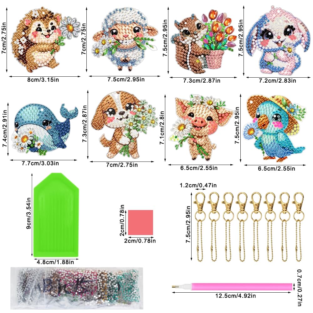 FineGood Animal Diamond Art Painting Keychain Kit 5D Diamond Art Suncatcher Kit Crystal Diamond Keychain DIY Carft 8 Pieces for Hanging Decorations