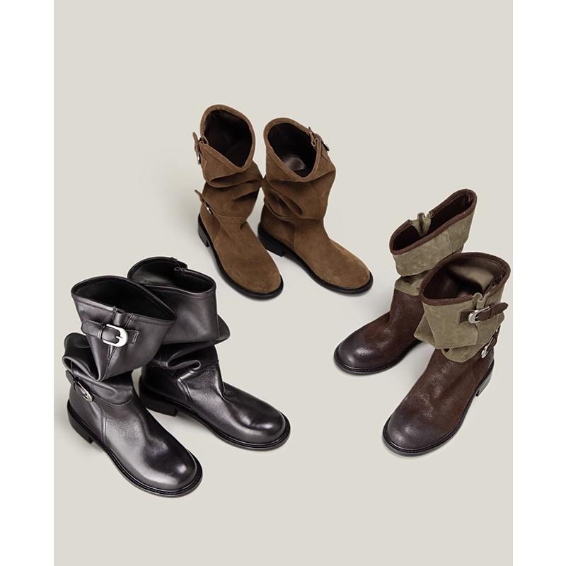 2025 новый оригинальный дизайн ретро металлическая пряжка круглый носок длинный голенище ботфорты на толстом каблуке рыцарский тренд ботинки средней длины