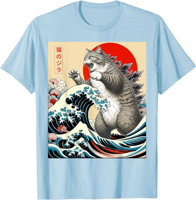 Catzilla Cat Japanese Art Funny Cat Gifts for Men Women Kid T-Shirt Humorous Kitty Graphic Outfits Cute Kitten Lover Saying Tee